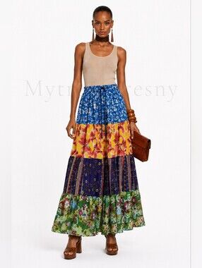 NWT Jackpot Breathable Boho Multi-Color Tiered Maxi Skirt Patchwork Gypsy